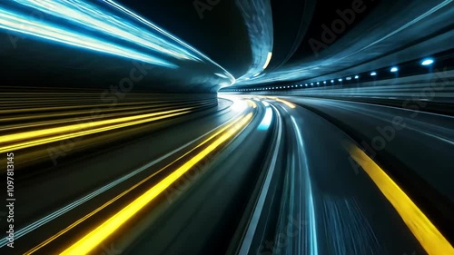 Colorful abstract background with glowing lines and motion blur, featuring a vibrant road and rainbow wave patterns, evoking speed and acceleration in a dynamic, starry night space scene