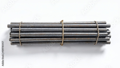 A bundle of metal reinforcing bars (rebar) tied together, showcasing their textured surface. photo