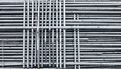 A bundle of metal reinforcing bars (rebar) tied together, showcasing their textured surface. photo