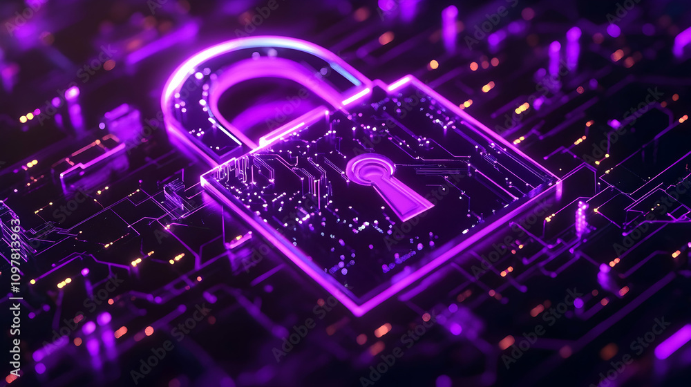 Fototapeta premium A glowing purple lock with a sleek modern design on a futuristic background, symbolizing digital safety.