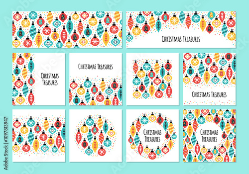 Cute set of Christmas Treasures backgrounds with hand drawn Christmas balls