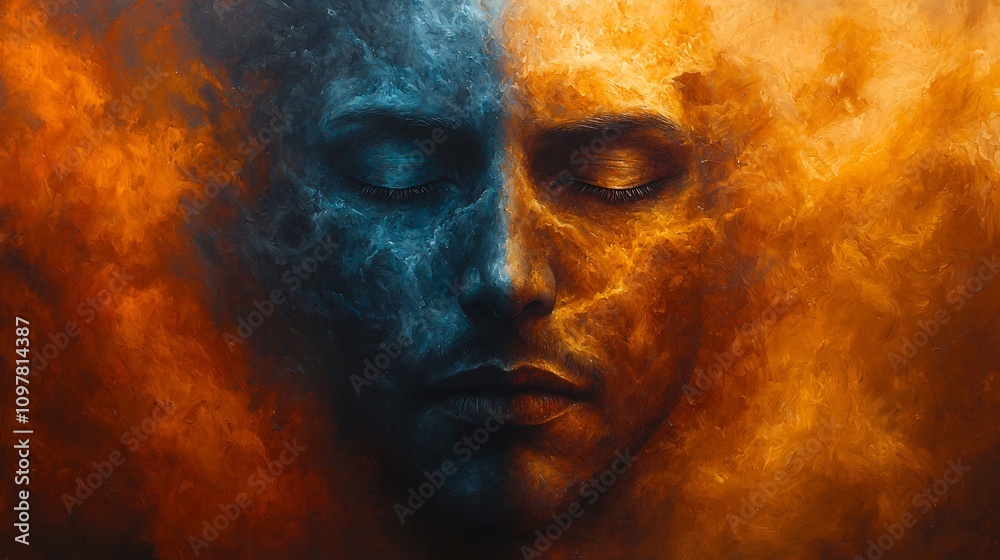 Fototapeta premium Dramatic Digital Portrait of Enigmatic Ethereal Face in Fiery Atmosphere
