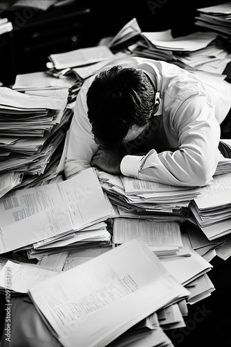 A worker buried in paperwork, surrounded by folders and reports photo