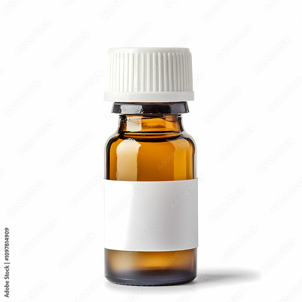 A small bottle of essential oil with a label, isolated on white background A small bottle of essential oil with a label, isolated on white background