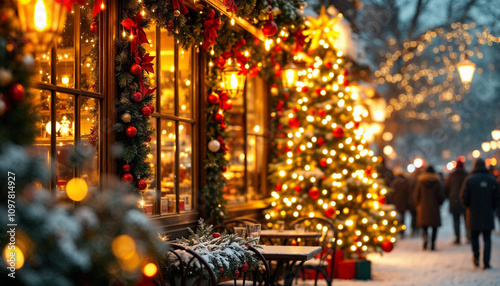 Festive café exterior with Christmas décor, snowy street, and cozy holiday charm.

 photo