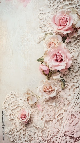 Wallpaper Mural A vintage-inspired Valentine's design with soft lace textures and light pink rose patterns, leaving plenty of room in the middle for showcasing a product. Torontodigital.ca