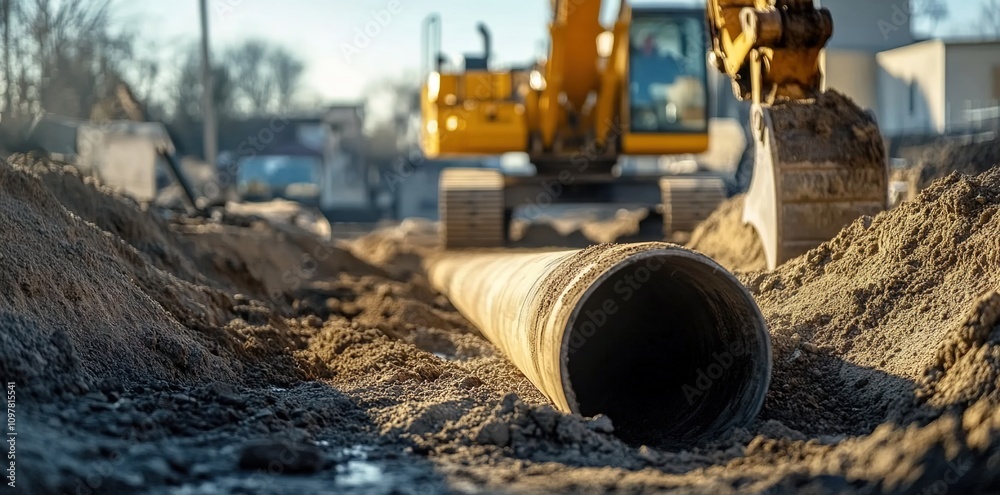 Fototapeta premium Close-up of a pipe being buried in the ground, with an excavator in the background.