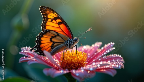 A butterfly perched on a flower with dew drops