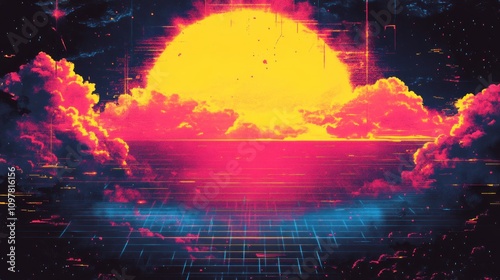 Vibrant Retro Sunrise Over Ocean with Digital Aesthetic and Hazy Clouds