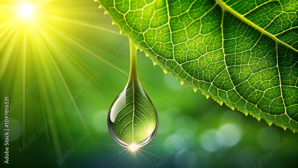 Fototapeta premium single leaf with glowing droplet at its tip, illuminated by sunlight, creates serene and refreshing atmosphere. vibrant green color enhances natural beauty of scene