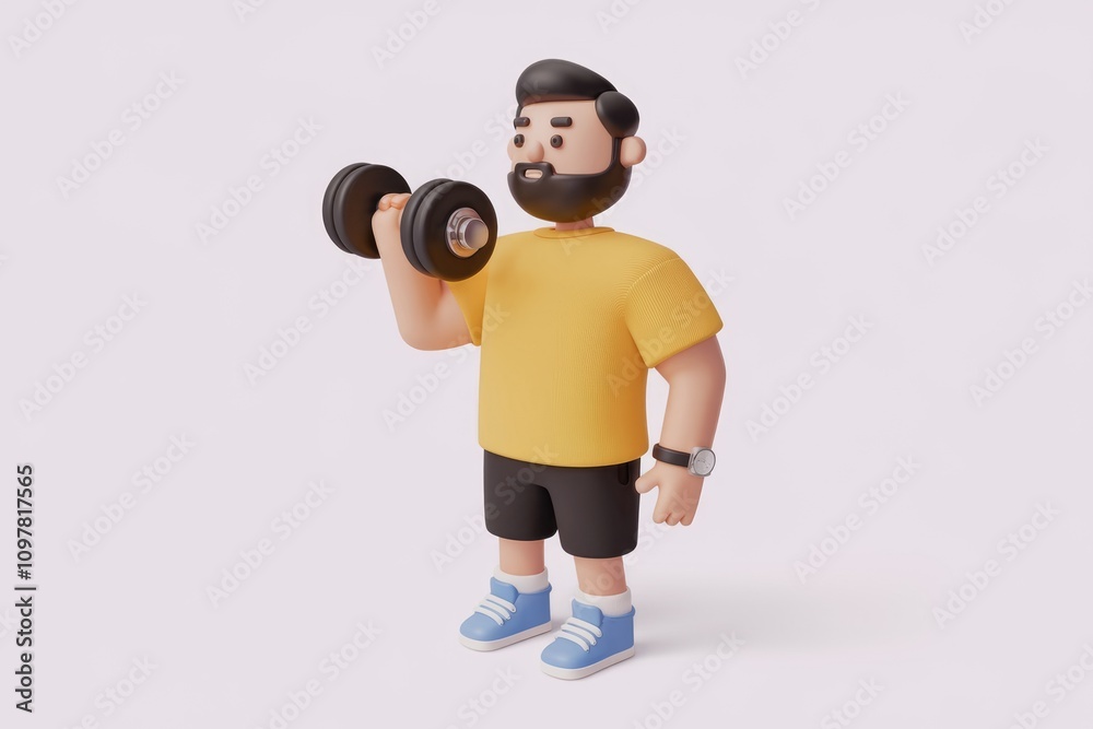 A 3D cartoon man with a beard lifts a dumbbell showcasing fitness and strength A 3D cartoon man with a beard lifts a dumbbell showcasing fitness and strength