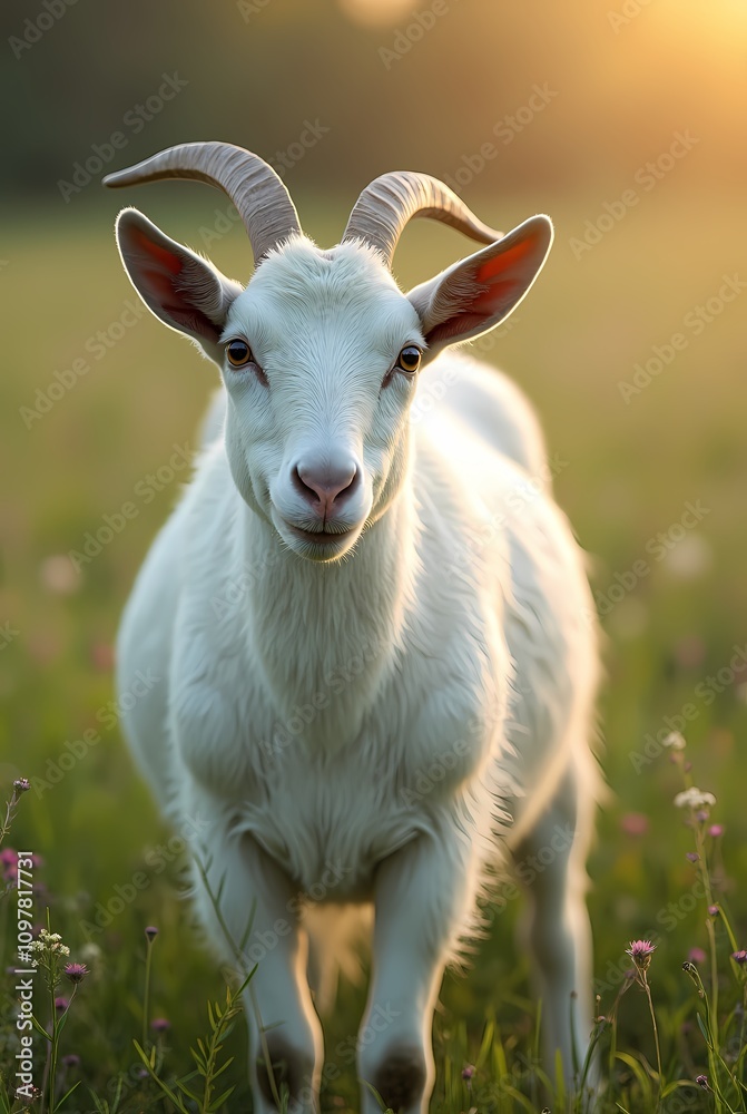 Fototapeta premium Hyper detailed image white goat in the meadow