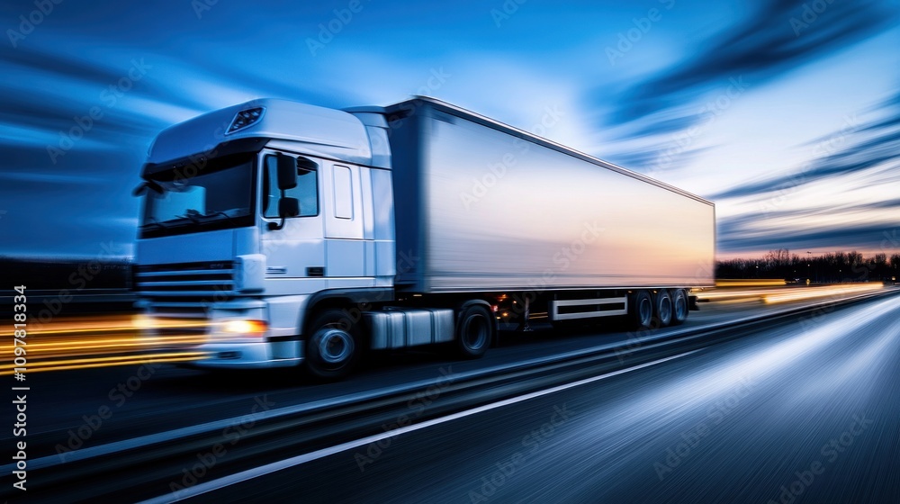 High-Speed Truck on Highway at Dusk with Motion Blur and Dramatic Sky Effects High-Speed Truck on Highway at Dusk with Motion Blur and Dramatic Sky Effects