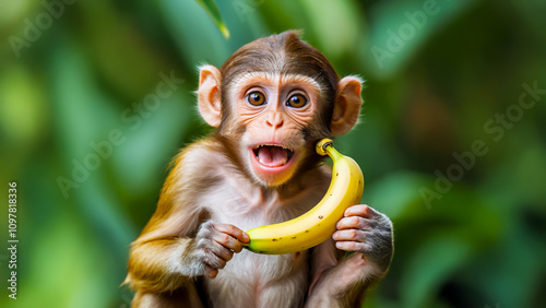 A small monkey holding a banana