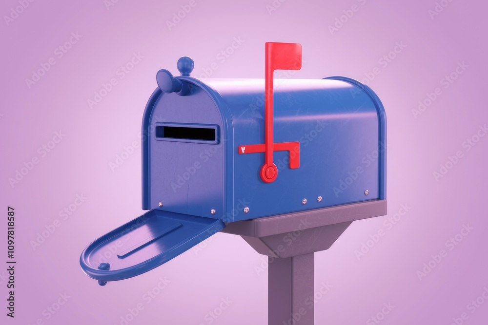 A 3D render of a blue mailbox with a red flag signifying mail delivery A 3D render of a blue mailbox with a red flag signifying mail delivery