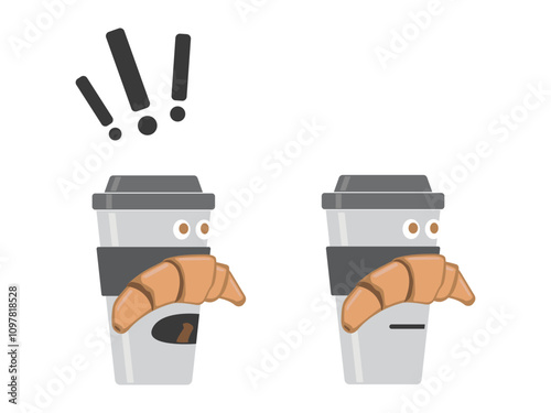 Two versions of character (coffee cup with eyes, mouth and moustache like croissant): one is shouting something (with exclamation marks over head) and other - calm and silent, with closed mouth.