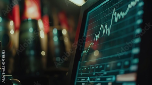 Close-up of digital screen showing fluctuating oil price graph, highlighting market volatility and financial uncertainty in energy sector.
 photo