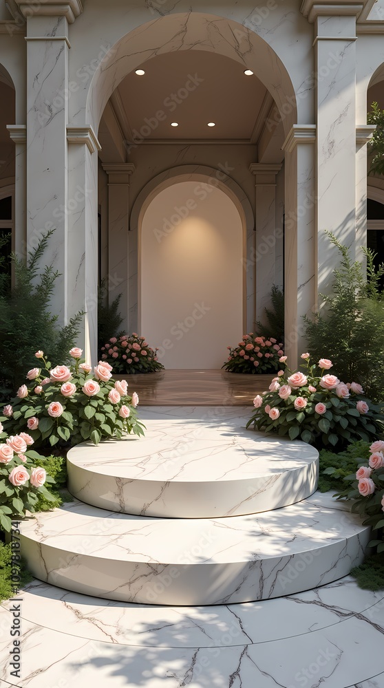 Fototapeta premium Marble podium with roses and space for your product