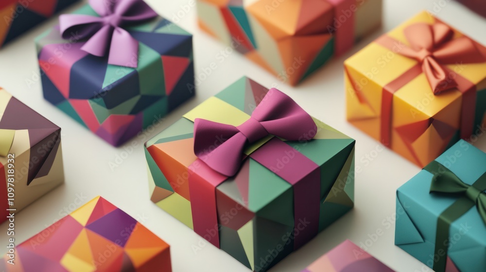 beautifully wrapped gifts, featuring unique geometric patterns and vibrant colors. The gifts are presented on a smooth white background, beautifully wrapped gifts, featuring unique geometric patterns and vibrant colors. The gifts are presented on a smooth white background,