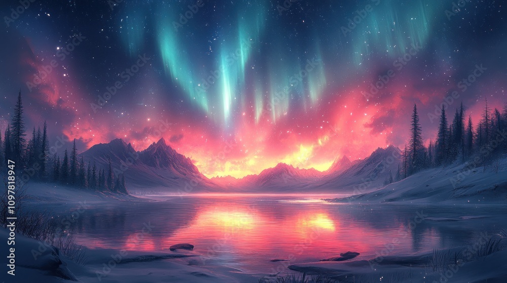 Stunning Aurora Borealis Over Serene Snowy Landscape at Dusk Stunning Aurora Borealis Over Serene Snowy Landscape at Dusk