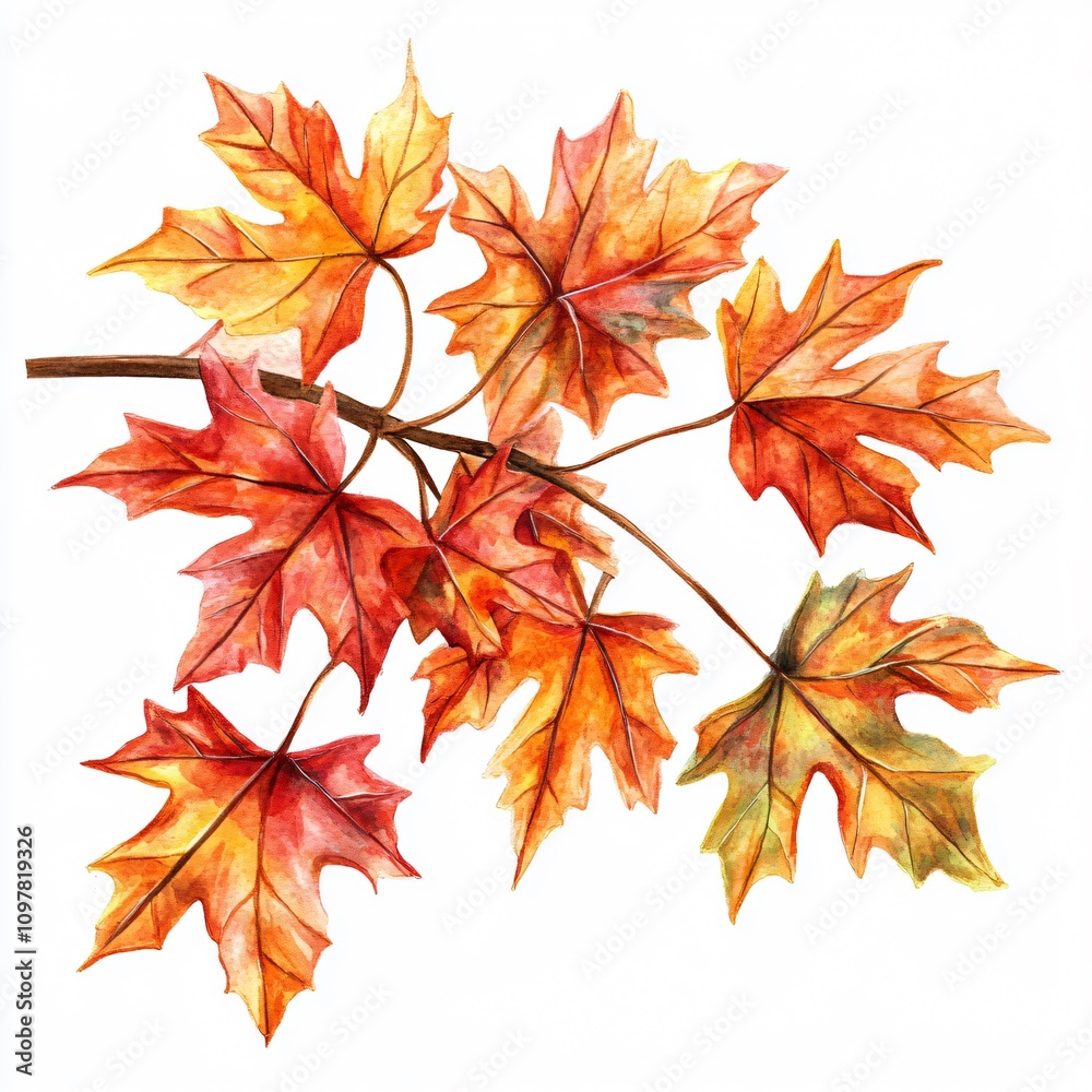 Watercolor Painting of Autumn Maple Leaves on Branch Watercolor Painting of Autumn Maple Leaves on Branch
