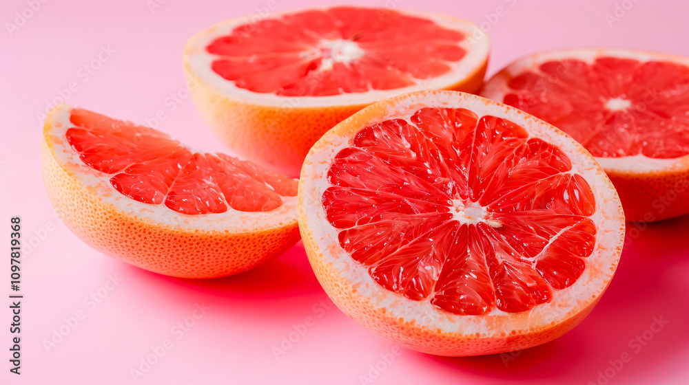 Grapefruit slices on a pastel pink background. Minimal fruit concept. Grapefruit slices on a pastel pink background. Minimal fruit concept.