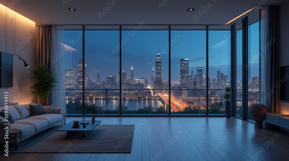Fototapeta premium Modern empty room with night city view