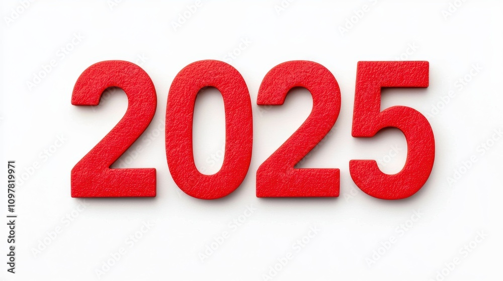 Bright Red Numbers Representing the Year 2025 on White Background Bright Red Numbers Representing the Year 2025 on White Background