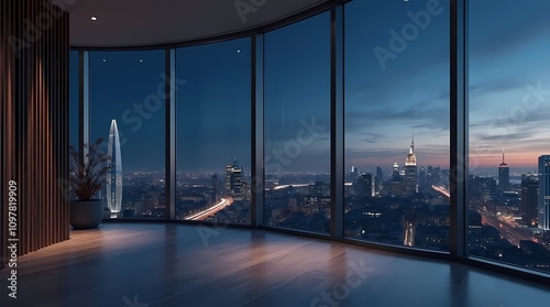 Modern empty room with night city view