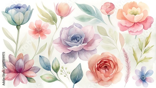 Floral elements collection in watercolor style