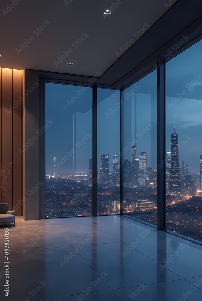 Fototapeta premium Modern empty room with night city view