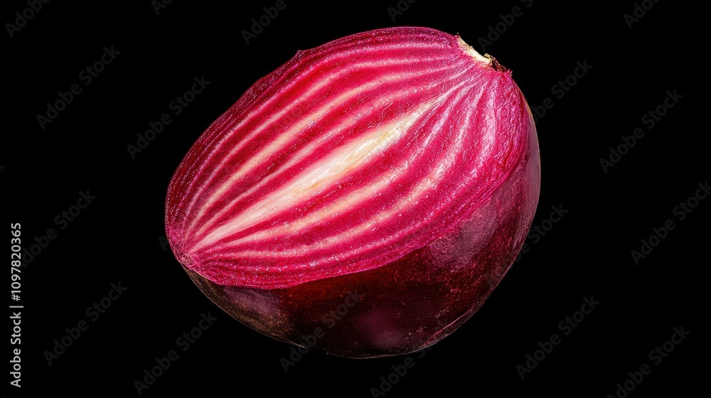 Fototapeta premium Vibrant Red Beetroot Half with Intricate Patterns on Black Background