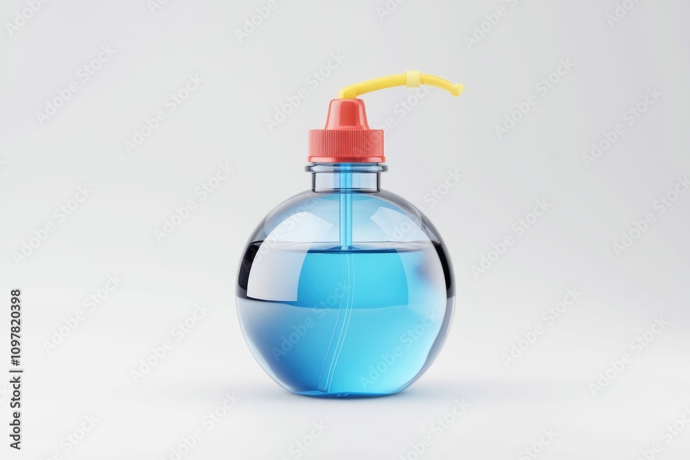 A spherical blue bottle with a red cap and yellow straw dispenser filled with light blue liquid A spherical blue bottle with a red cap and yellow straw dispenser filled with light blue liquid