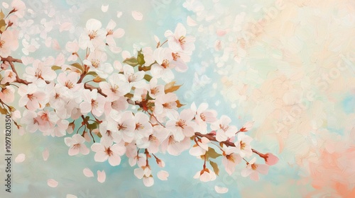 A delicate cluster of cherry blossoms with petals softly falling in a serene springtime setting.