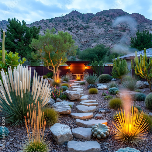 A supernatural scene unfolds with energyefficient landscaping that thrives in xeriscaped designs, promoting water conservation photo