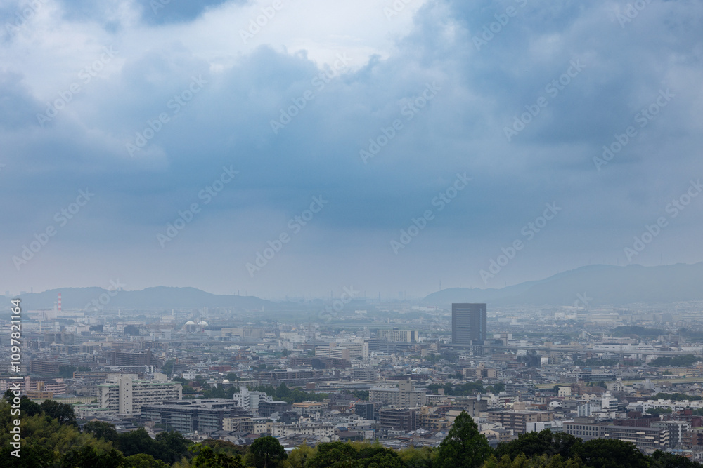 Fototapeta premium A hazy urban landscape extends under a moody, overcast sky. The city’s skyline is partially obscured by a soft mist, giving the scene an ethereal quality.