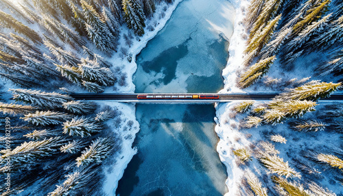 Aerial view of a snowy forest, frozen lake, and vibrant train crossing a bridge.

 photo