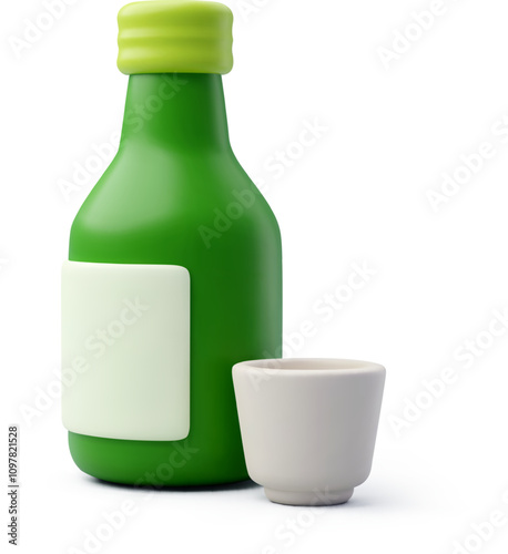 3d Vector Soju bottle and soju glasses, Korean rice vodka, Elements tourism concept.