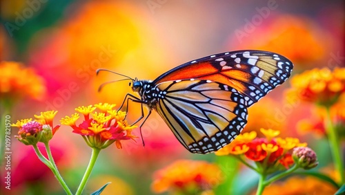 orange monarch butterfly on the colorful flower on soft blurred background 