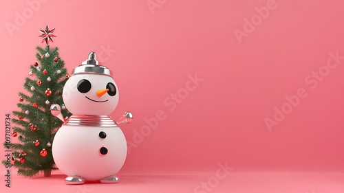 Modern robot snowman figurine with Christmas tree on a pink festive background