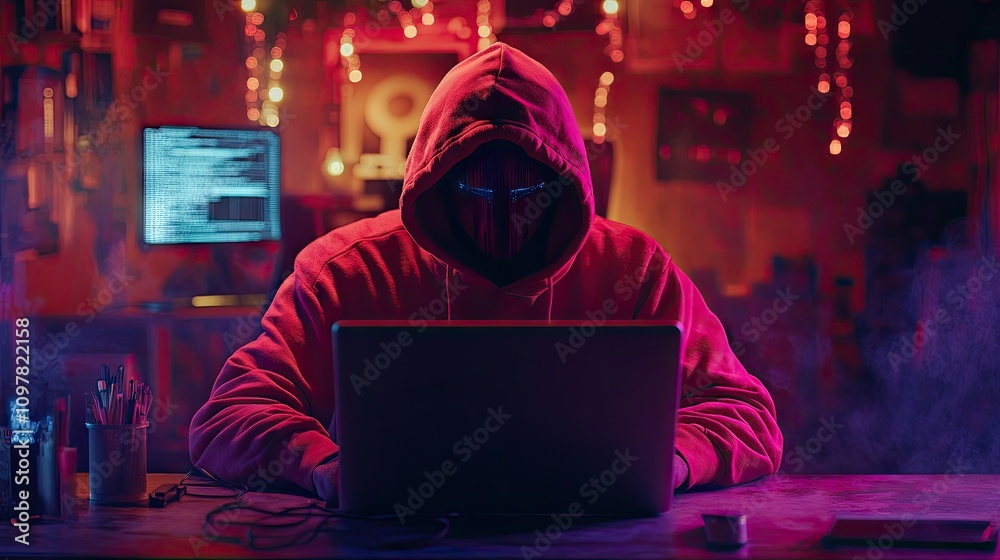 A mysterious male hacker in a hoodie, immersed in work on a laptop amid a vibrant, tech-inspired atmosphere. A mysterious male hacker in a hoodie, immersed in work on a laptop amid a vibrant, tech-inspired atmosphere.