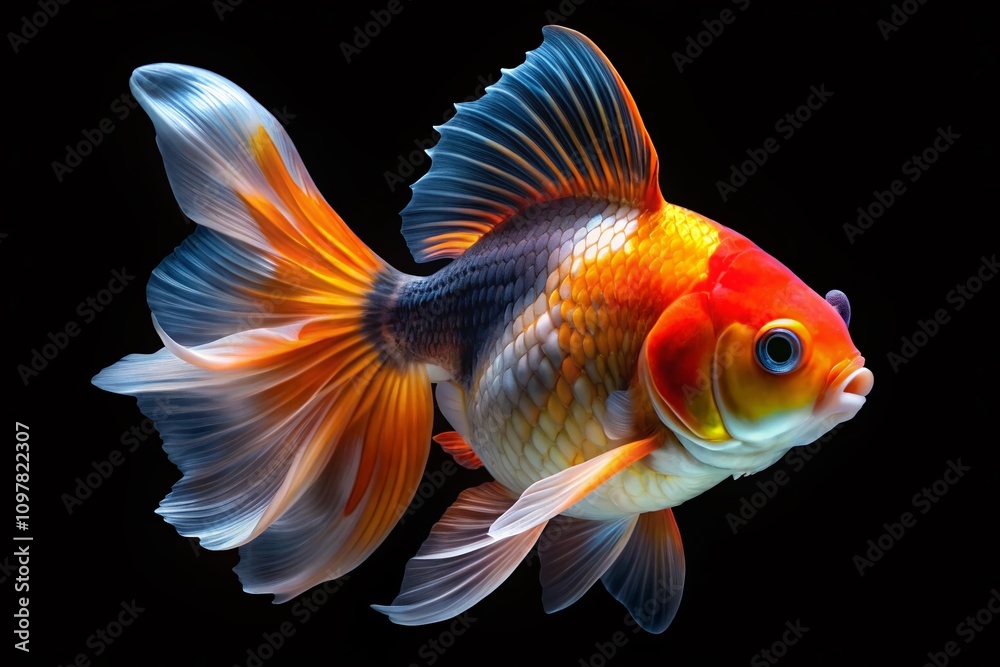 Close-Up Panoramic Photography of an Oranda Goldfish Isolated on Clear Background, Showcasing Its Vibrant Colors and Unique Features for Aquatic Nature Enthusiasts Close-Up Panoramic Photography of an Oranda Goldfish Isolated on Clear Background, Showcasing Its Vibrant Colors and Unique Features for Aquatic Nature Enthusiasts