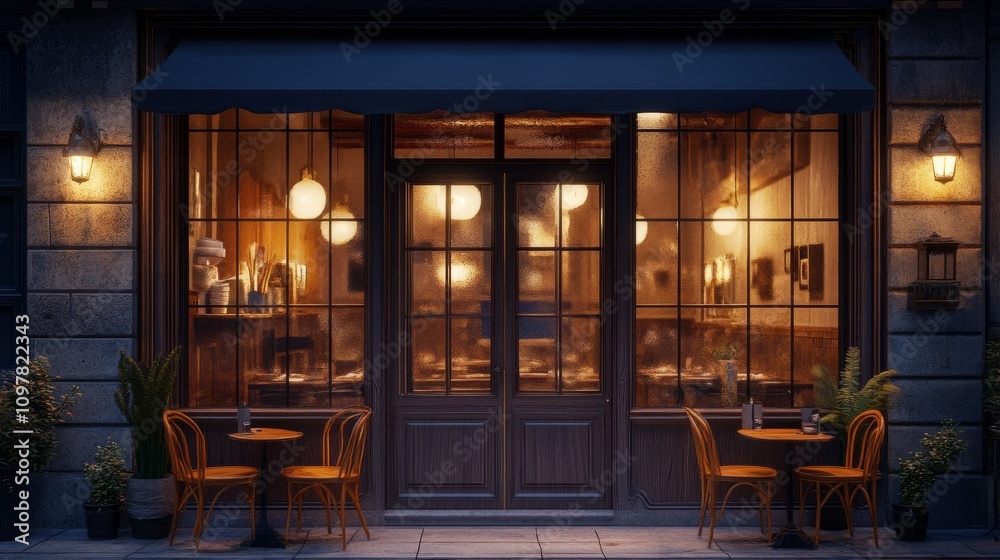 A cozy restaurant window mockup with a classic door design, paired with charming vintage furniture and inviting lighting A cozy restaurant window mockup with a classic door design, paired with charming vintage furniture and inviting lighting