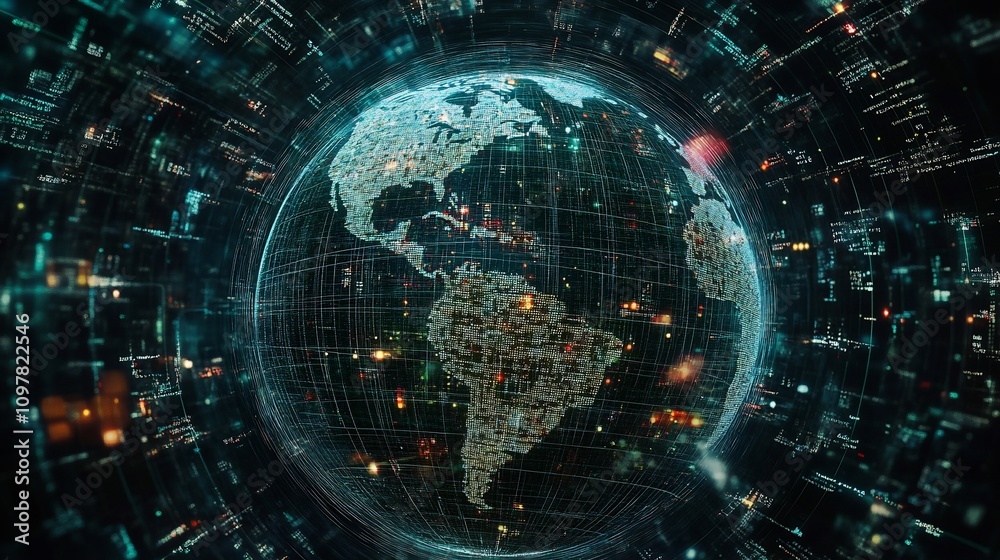 Obraz premium Futuristic digital Earth globe with data streams.