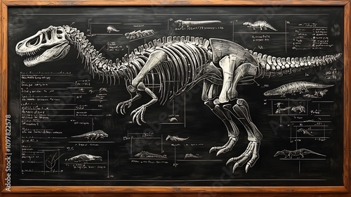 Detailed Anatomical Diagram of a Giant Prehistoric Dinosaur Skeleton Illustrated on a Vintage Blackboard with Labeled Body Parts photo