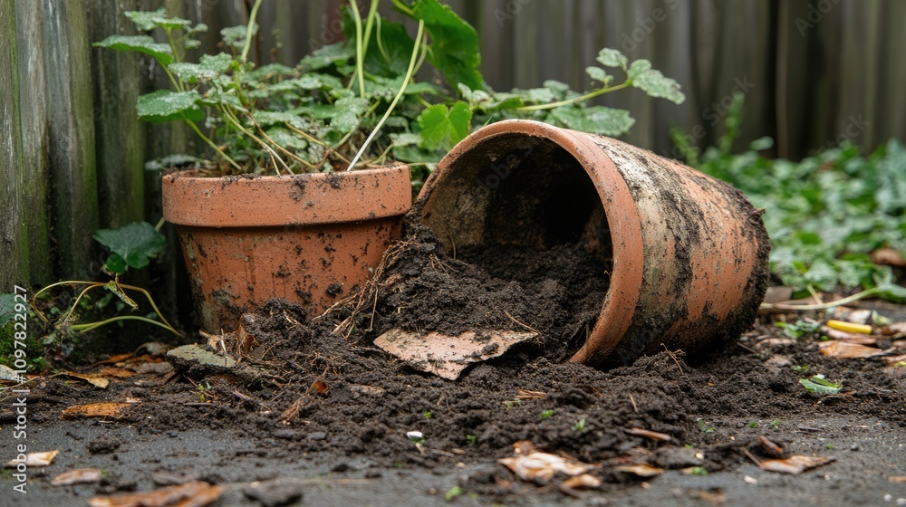 Broken Terracotta Pot with Soil and Green Plant in Backyard Setting Broken Terracotta Pot with Soil and Green Plant in Backyard Setting