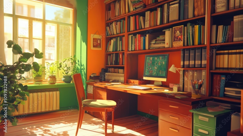 Fototapeta premium A cozy home office featuring a wooden desk, vibrant green and orange walls, and a bright window filled with plants.