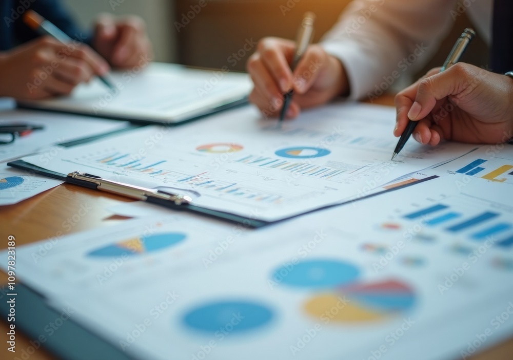 Business team discussing financial graphs and charts during meeting. Business team discussing financial graphs and charts during meeting.