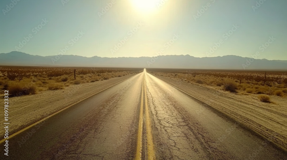 Deserted road stretching through a wide-open desert, creating a classic road trip adventure Deserted road stretching through a wide-open desert, creating a classic road trip adventure