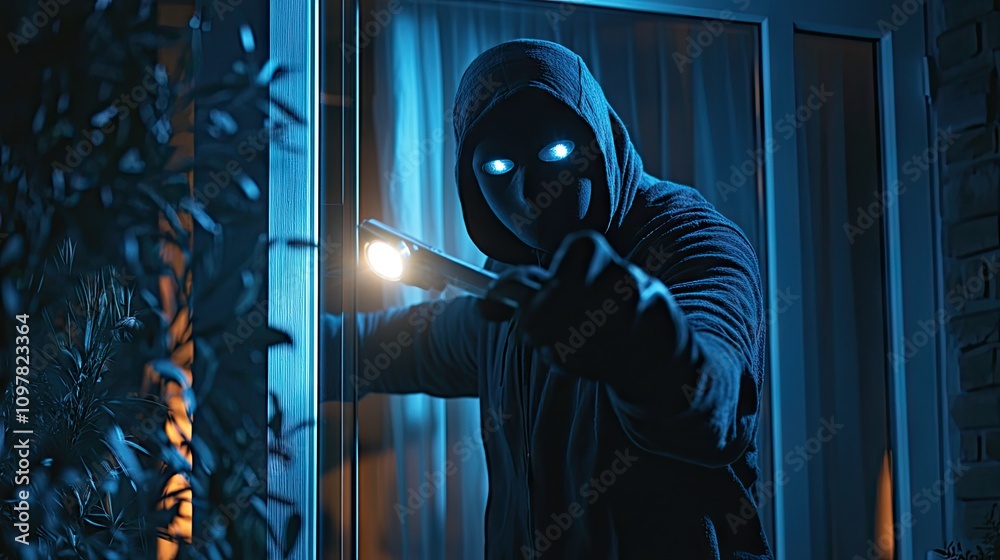 Fototapeta premium A shadowy figure in a dark hoodie, with glowing eyes, holds a flashlight threateningly at the door.